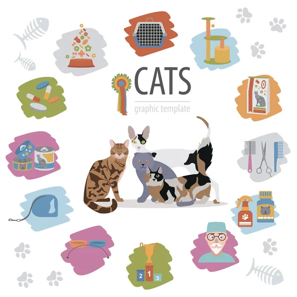 Personagens de gato e ícone cuidado veterinário definir estilo plano —  Vetores de Stock