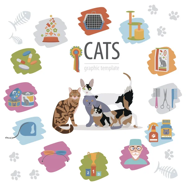 Personajes de gato e icono de cuidado veterinario conjunto de estilo plano — Vector de stock