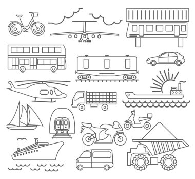 Ulaşım Icon set. İnce çizgili Tema