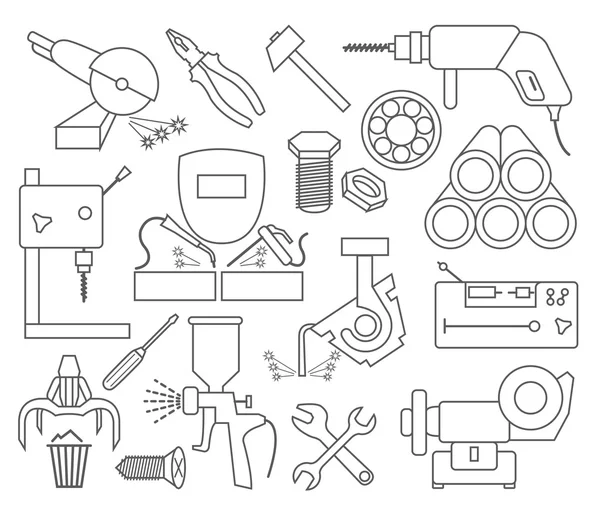 Conjunto de ícones de ferramentas de trabalho de metal. Design de linha fina — Vetor de Stock
