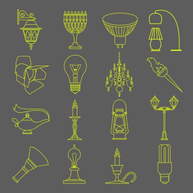 Aydınlatma elemanları Icon set. İnce çizgili Tema