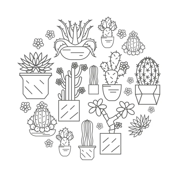 Cactuses and succulents icon set. Houseplants. Thin line design — Stock Vector