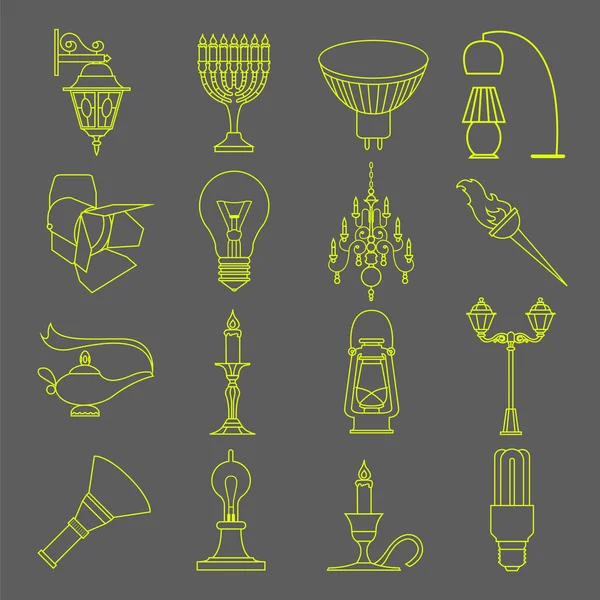 Set di elementi di illuminazione icona. Design sottile della linea — Vettoriale Stock