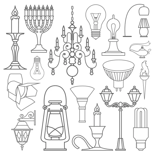 Aydınlatma elemanları Icon set. İnce çizgili Tema