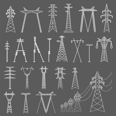 High voltage electric line pylon. Icon set suitable for creating clipart