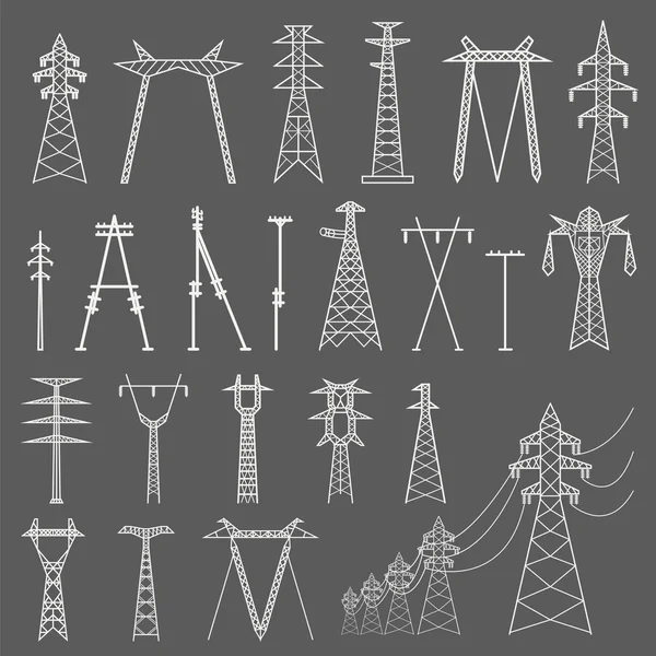 Pilón de línea eléctrica de alto voltaje. Conjunto de iconos adecuado para crear — Vector de stock