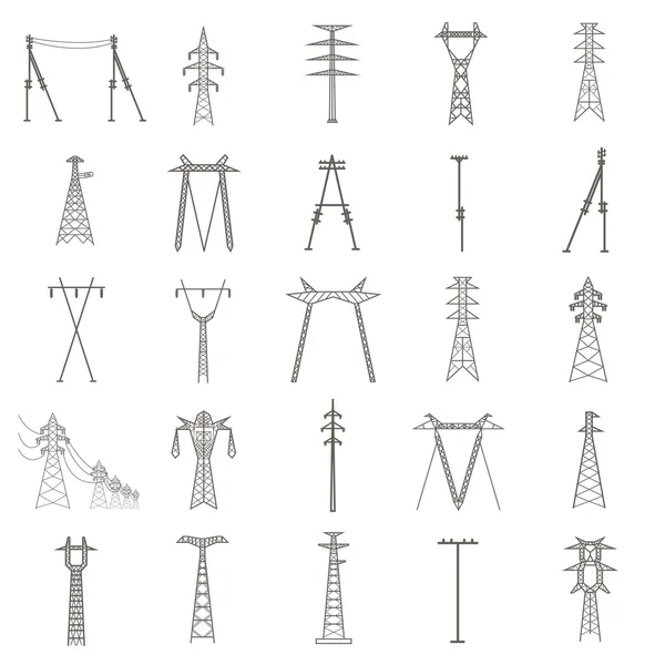 高電圧送電線の鉄塔。アイコン作成に適したセット — ストックベクタ