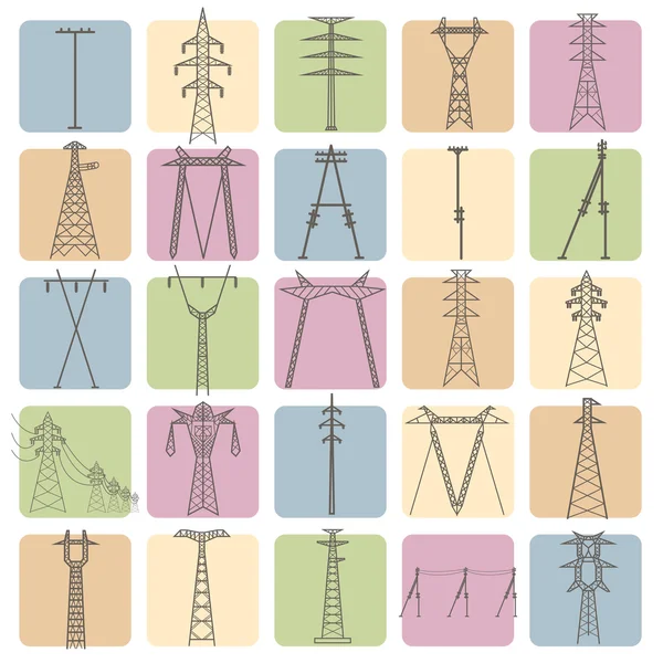 Pilón de línea eléctrica de alto voltaje. Conjunto de iconos adecuado para crear — Vector de stock