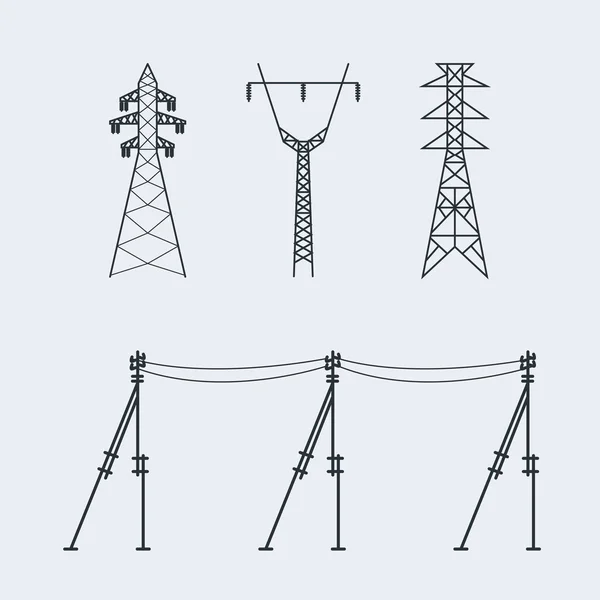 Pilón de línea eléctrica de alto voltaje. Conjunto de iconos adecuado para crear — Archivo Imágenes Vectoriales