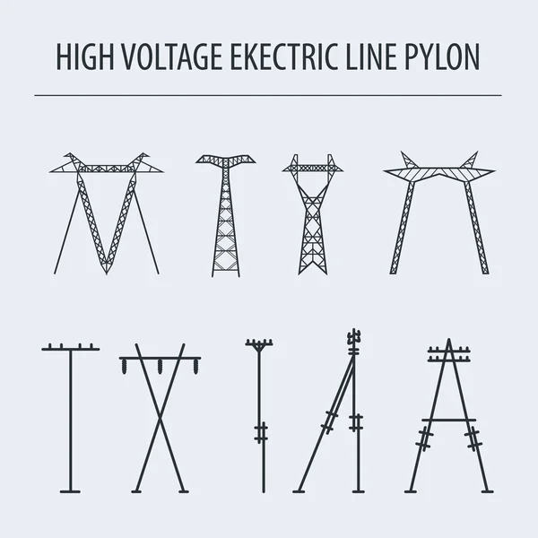 Pilón de línea eléctrica de alto voltaje. Conjunto de iconos adecuado para crear — Archivo Imágenes Vectoriales