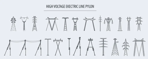 High voltage electric line pylon. Icon set suitable for creating — Stock Vector