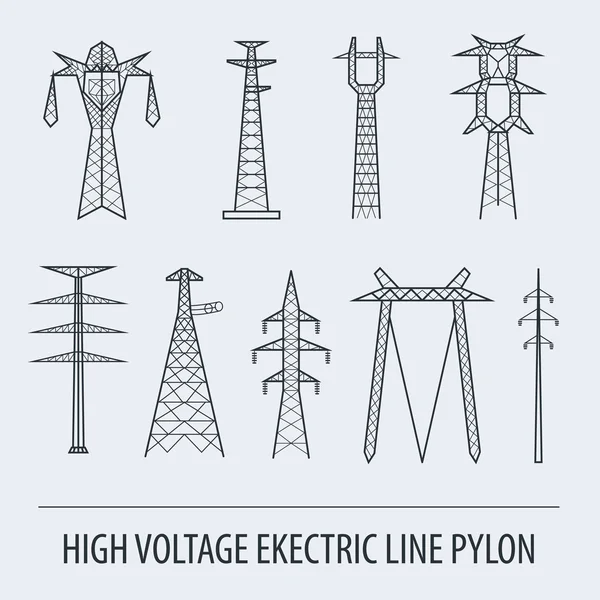 High voltage electric line pylon. Icon set suitable for creating — Stock Vector
