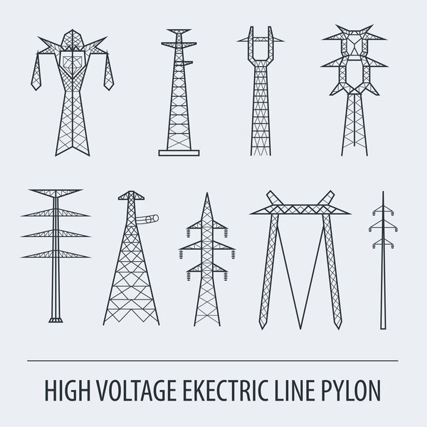 High voltage electric line pylon. Icon set suitable for creating