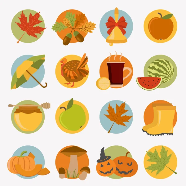 Jesienny zestaw ikon. Halloween i Dzień Dziękczynienia. Płaska konstrukcja — Wektor stockowy