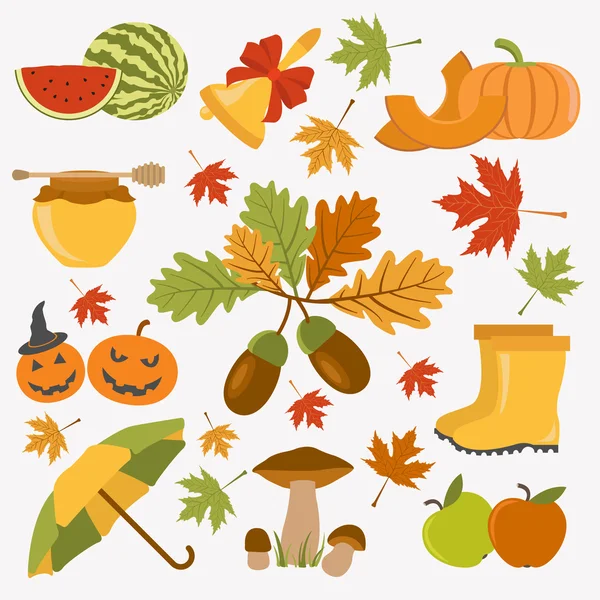 Set di icone d'autunno. Halloween e il giorno del Ringraziamento. Design piatto — Vettoriale Stock