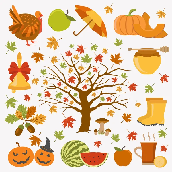 Набор икон осени. Хэллоуин и День Благодарения. Плоский дизайн — стоковый вектор