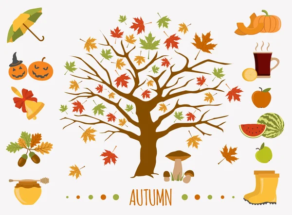 Herbstsymbole gesetzt. Halloween und Erntedankfest. flache Bauweise — Stockvektor