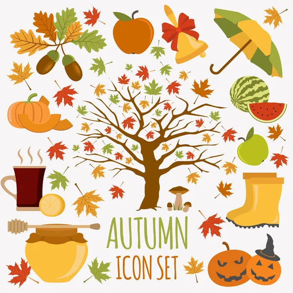 Set di icone d'autunno. Halloween e il giorno del Ringraziamento. Design piatto — Vettoriale Stock