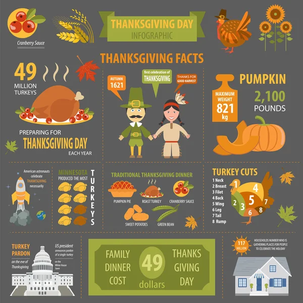 Hari Thanksgiving, fakta menarik dalam infografis. Suhu grafis - Stok Vektor