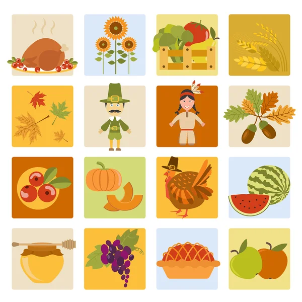 Jeu d'icônes du jour de Thanksgiving. Style plat — Image vectorielle