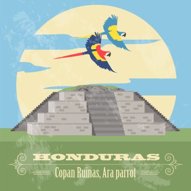 Honduras'ın simge leri. Copan Ruinas, ara papağan. Retro tarz görüntü