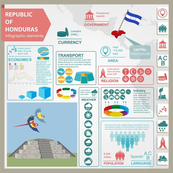 Honduras Infographics, statistiska uppgifter, sevärdheter. Copan Ruinas, en — Stock vektor