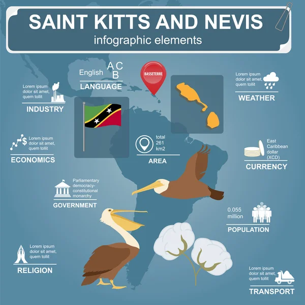 Saint Kitts och Nevis Infographics, statistiska uppgifter, sevärdheter. Br — Stock vektor