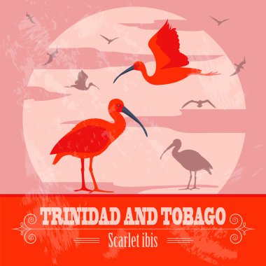 Trinidad and Tobago national symbols. Scarlet (red) ibis. Retro  clipart