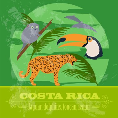 Costa Rica national symbols. Dolphins, jaguar, toucan, lemur. Re clipart