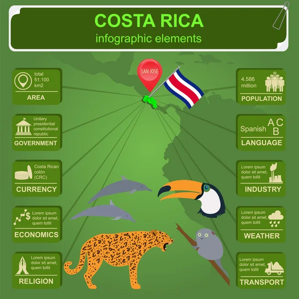 Infografica Costa Rica, dati statistici, luoghi d'interesse. delfini, jag — Vettoriale Stock