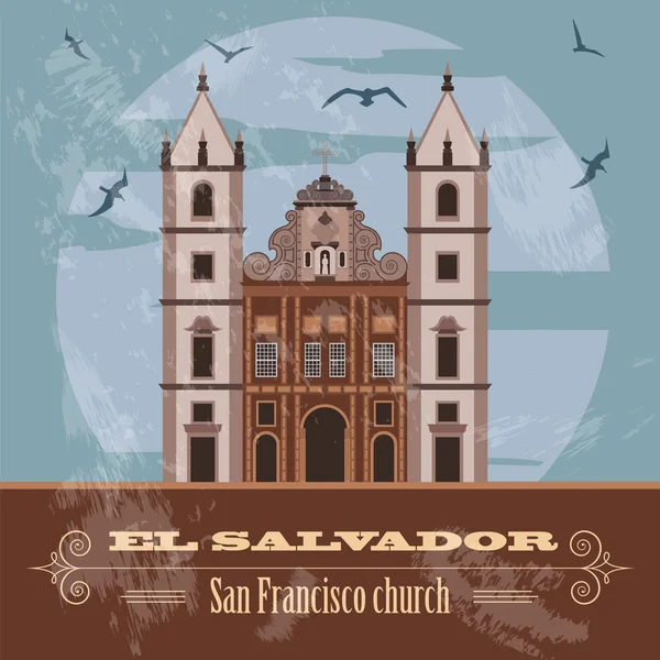 El Salvador tereptárgyak. San Francisco templomot. Retro stílusú kép — Stock Vector