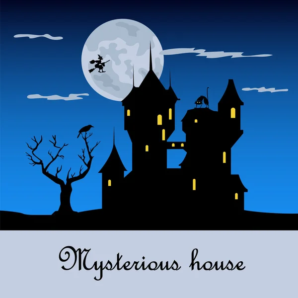 Misteriosa casa en la noche oscura. Fiesta de Halloween. Icono plano — Vector de stock