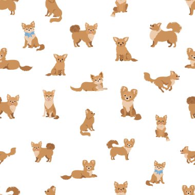 Chihuahua pürüzsüz deseni. Köpek sağlıklı siluet ve farklı pozlar. Vektör illüstrasyonu
