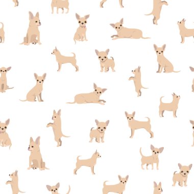 Chihuahua pürüzsüz deseni. Köpek sağlıklı siluet ve farklı pozlar. Vektör illüstrasyonu