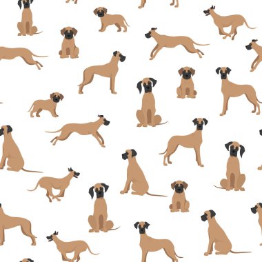 Harika, kusursuz bir Danimarka deseni. Farklı türde palto renginde köpek seti. Vektör illüstrasyonu
