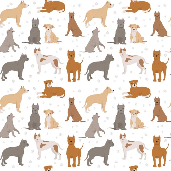 美国斯塔福德郡的宠物狗集 各种颜色 不同的姿势 无缝图案 矢量说明 — 图库矢量图片