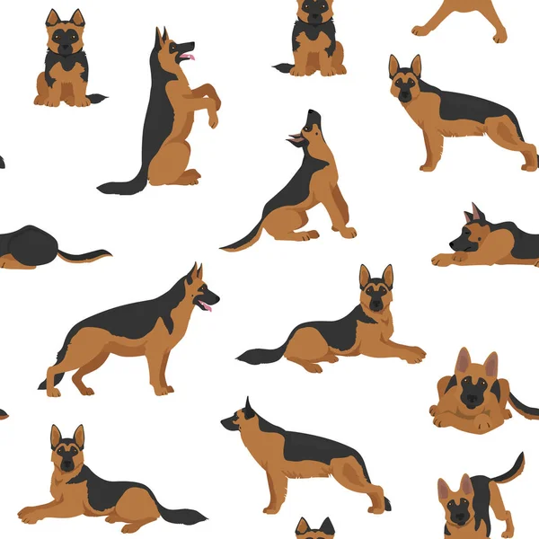 German Shepherd Dogs Different Poses Shepherd Characters Seamless Pattern Vector — Stock Vector