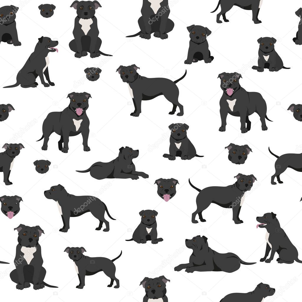 Staffordshire bull terrier seamless pattern. Staffy characters set.  Vector illustration