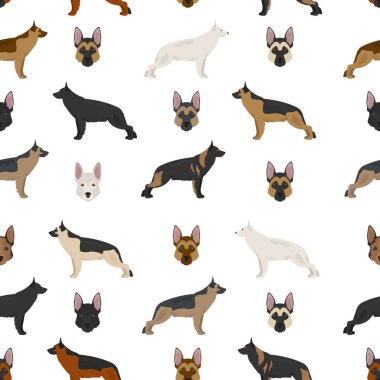 Farklı renklerde Alman çoban köpekleri. Çoban karakterleri kusursuz desen. Vektör illüstrasyonu