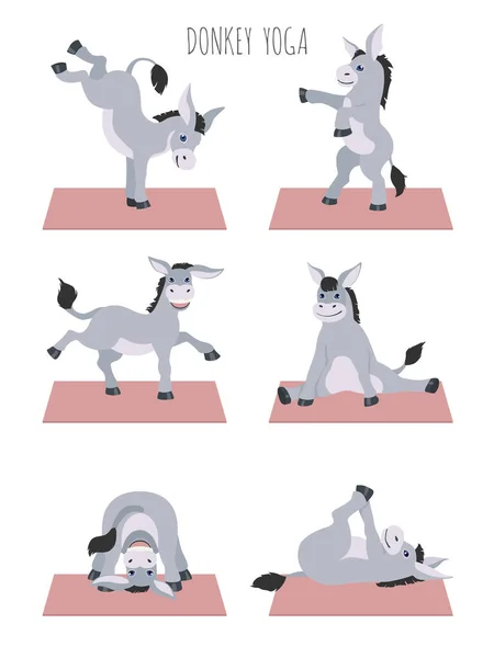 Donkey Yogaposer Och Övningar Söt Tecknad Clipart Set Vektorillustration — Stock vektor