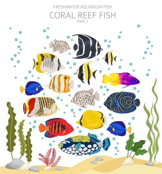 Peces Arrecife Coral Acuario Agua Dulce Icono Pescado Conjunto Estilo — Vector de stock