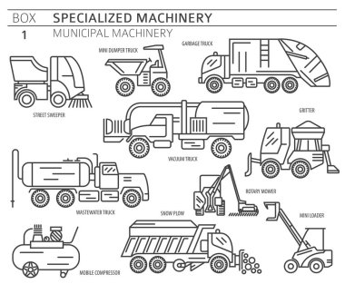 Special industrial road and municipal machine linear vector icon set isolated on white. Illustration clipart