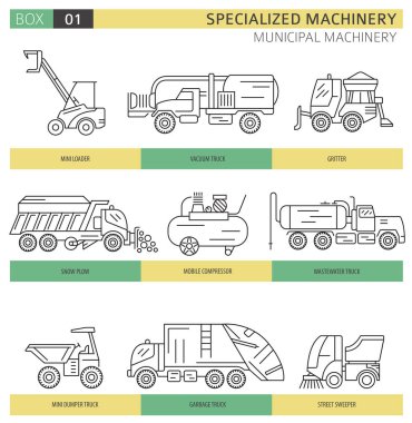 Special industrial road and municipal machine linear vector icon set isolated on white. Illustration clipart