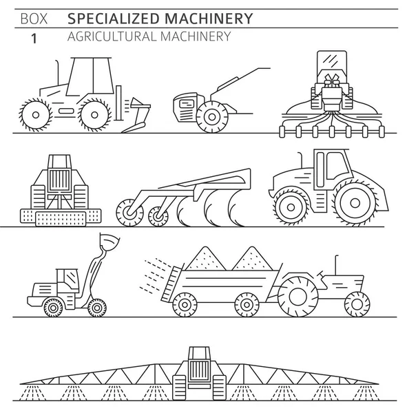 Speciální Zemědělské Stroje Lineární Vektorové Ikony Nastavit Izolované Bílou Ilustrace — Stockový vektor