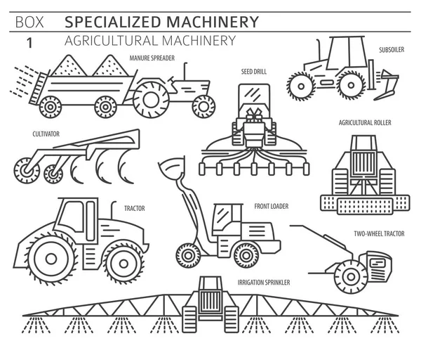 Spezielle Landmaschinen Linearvektorsymbole Isoliert Auf Weiß Gesetzt Illustration — Stockvektor
