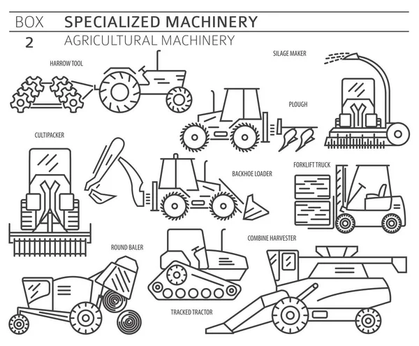 Speciale Serie Icone Vettoriali Lineari Macchine Agricole Isolate Bianco Illustrazione — Vettoriale Stock