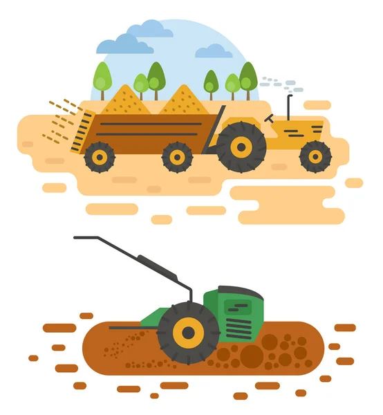 Agricultural Machinery Vector Icon Set Isolated White Scene Farming Harvesting — Stock Vector