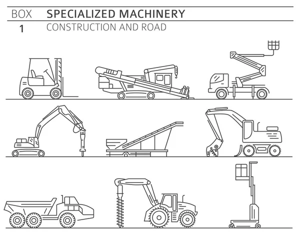 Speciale Set Icone Vettoriali Lineari Costruzioni Industriali Macchine Stradali Isolato — Vettoriale Stock