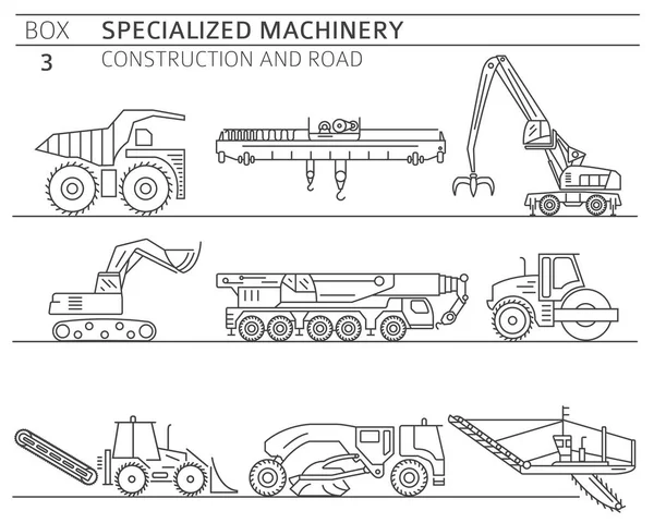 白に隔離された特別な工業建設と道路機械の線形ベクトルアイコンセット イラスト — ストックベクタ