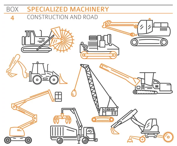 Conjunto Iconos Vectoriales Lineales Especiales Construcción Industrial Máquina Carretera Aislados — Vector de stock